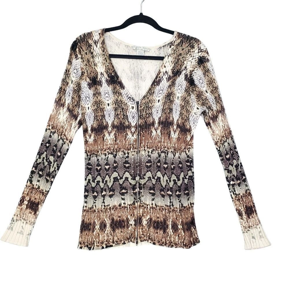Alberto Makali Womens Mob Wife Y2K Zip Cardigan L Brown Snakeskin Rhinestones